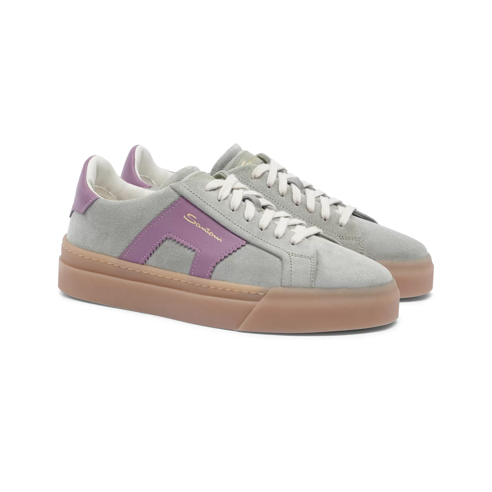 Shop Double buckle sneaker da donna in suede e pelle verde e viola Vedi tutte le calzature | Sneakers